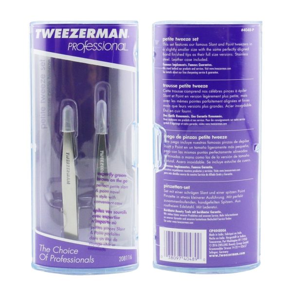 Tweezerman Professional Petite Tweeze Set: Slant Tweezer + Point Tweezer - (With Lavendar Leather Case)  2pcs Online now