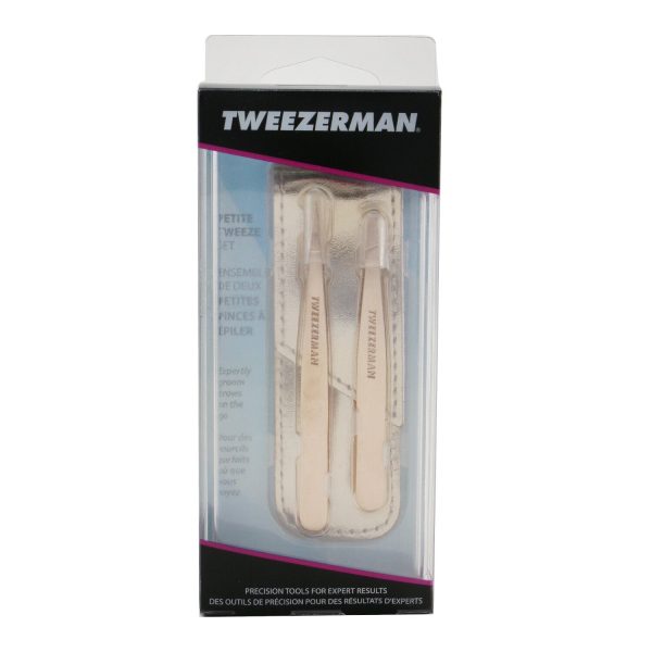 Tweezerman Rose Gold Petite Tweeze Set (1x Slant Tweezer, 1x Point Tweezer)  2pcs+bag Supply